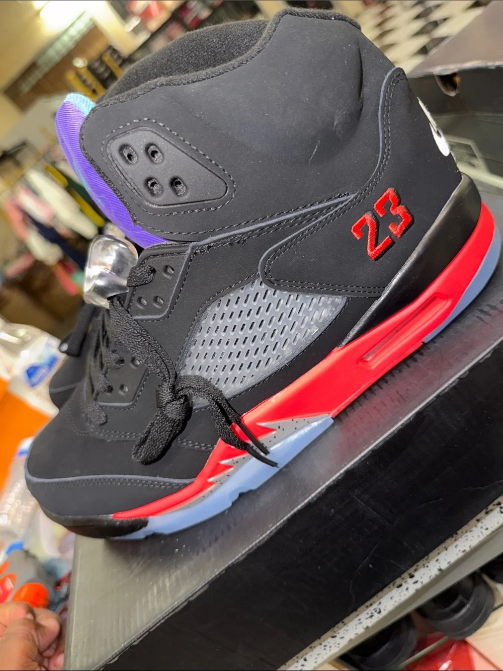 Jordan Black Sneakers with Purple Tongue and Teal Jumpman